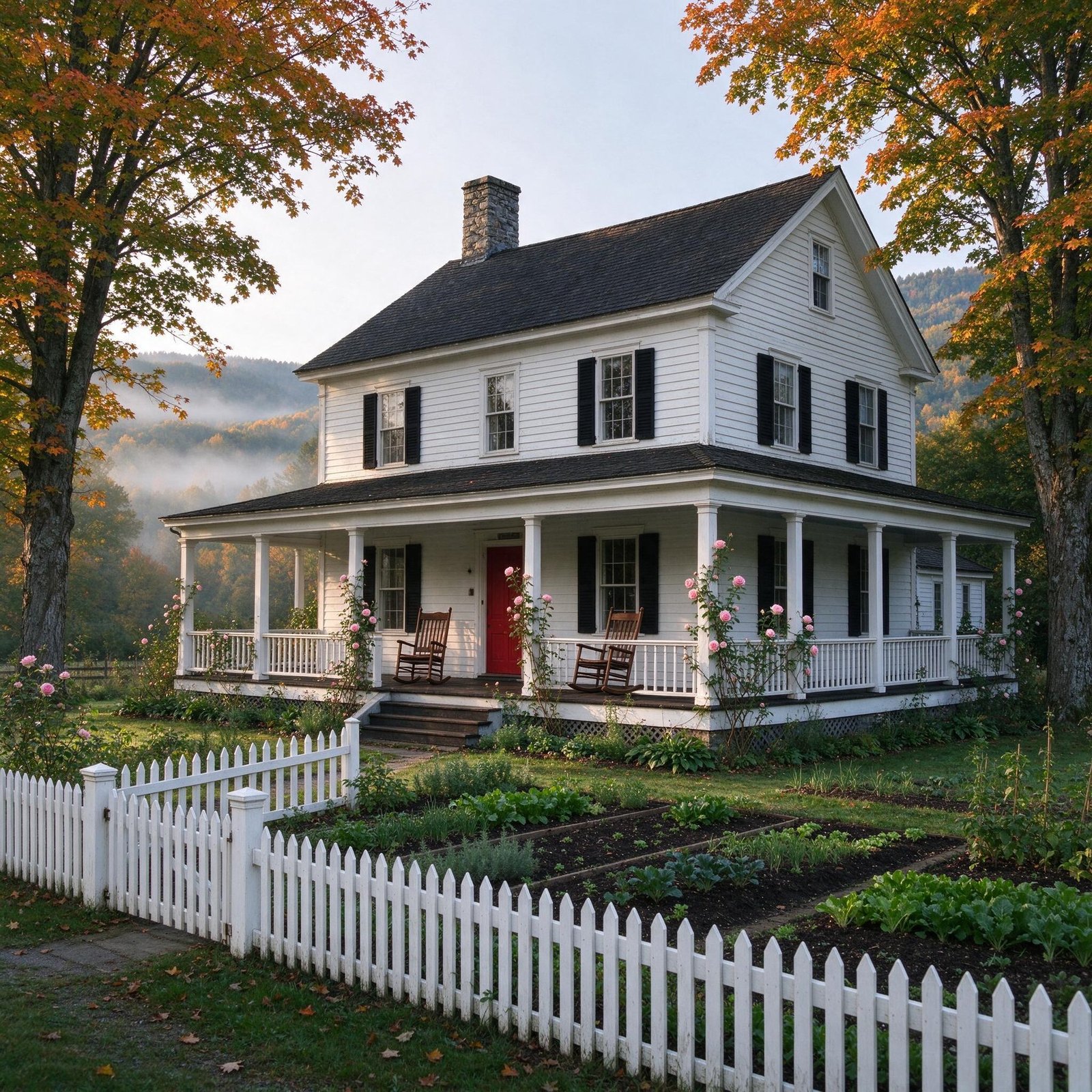White 1872 farmhouse with a wraparound porch, red door and picket-fenced kitchen garden under autumn maples