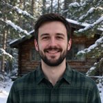 James, a guest, outside the Creek Cabin in winter