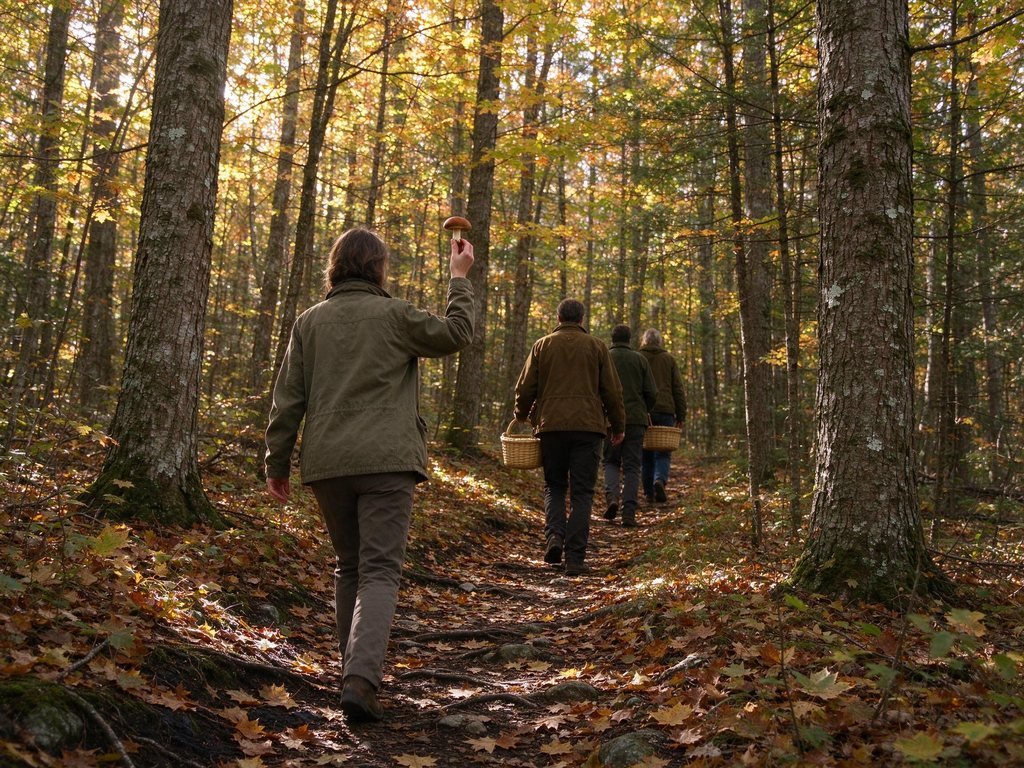 Foraging for mushrooms in the maple forest.