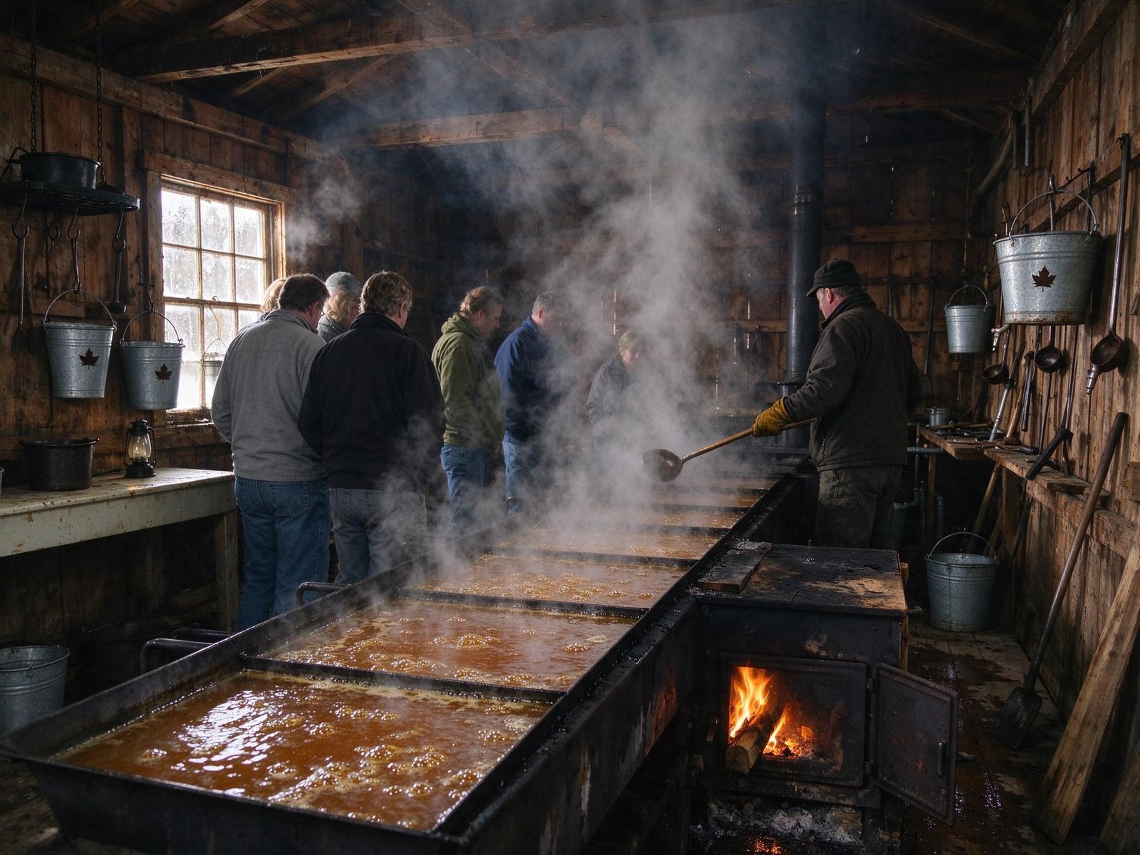 Boiling maple sap in the sugarhouse every March.